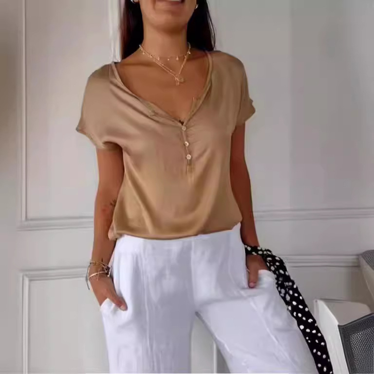 Women's Loose Casual Short Sleeve V-Neck Houndstooth Top