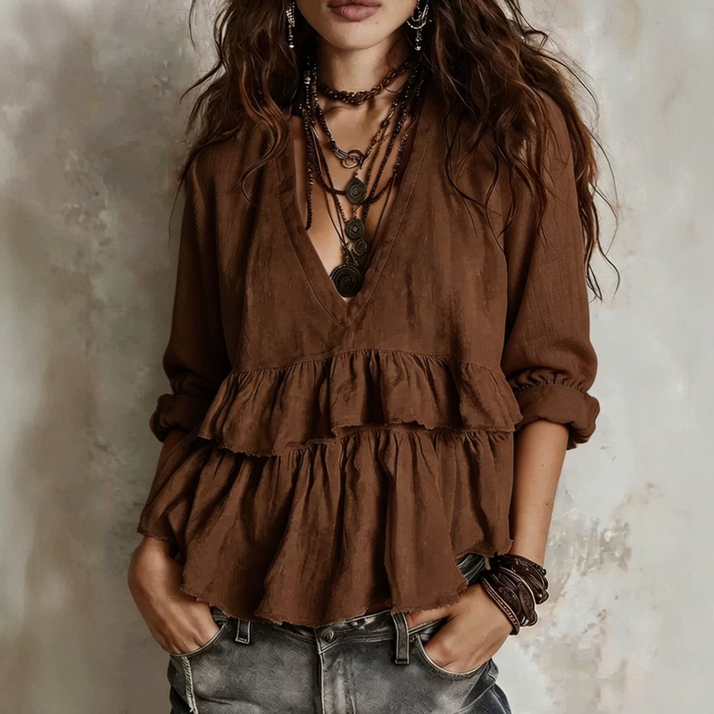 Women's Casual Long Sleeve V-Neck Solid Color Top T-Shirt