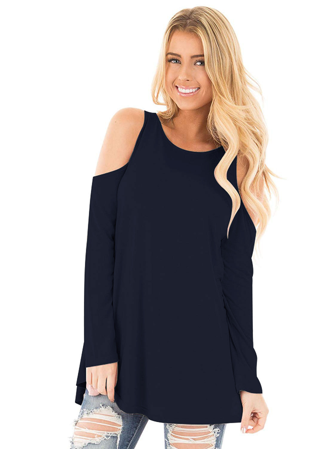 Women's Long Sleeve Off-Shoulder Round Neck T-Shirt