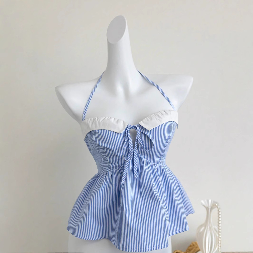 Blue & White Butterfly Tie Halter Sleeveless Dress