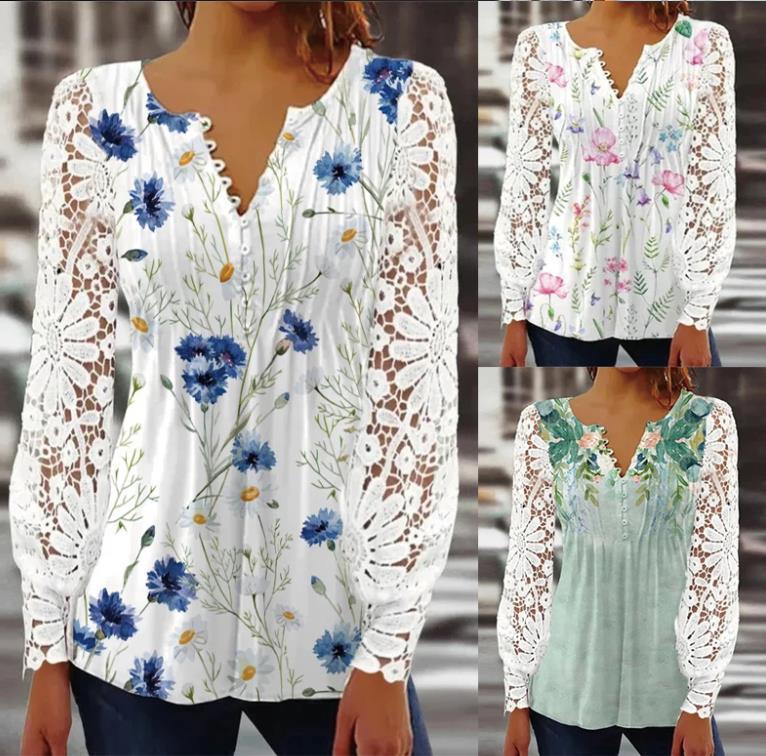 Women's Lace Long Sleeve V-Neck T-Shirt
