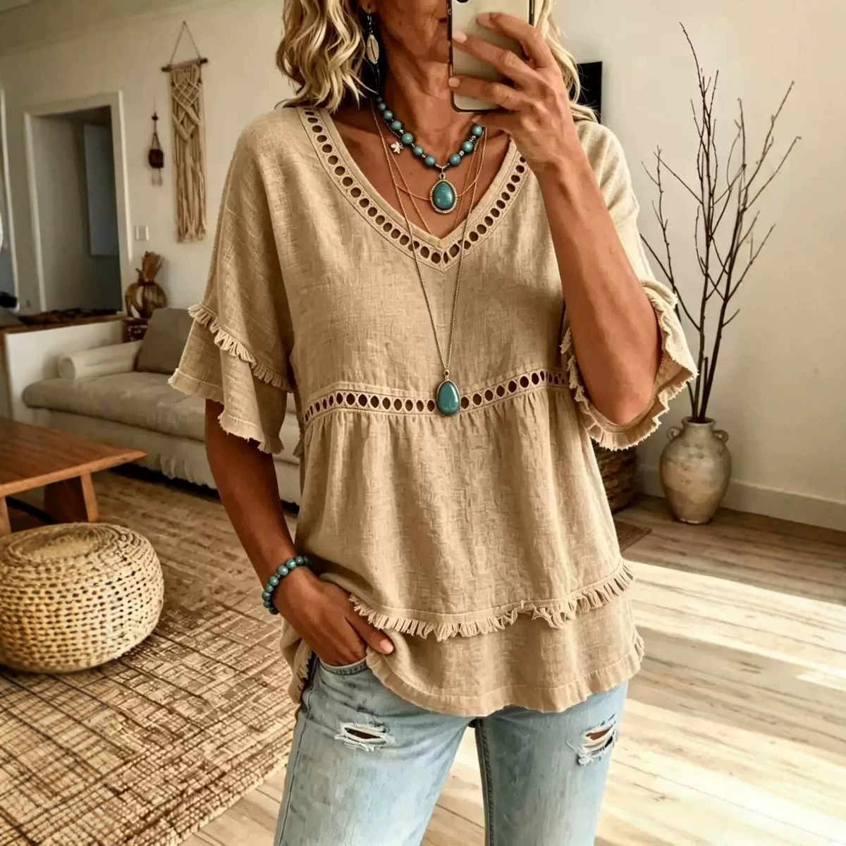 Women's Loose Fit V-Neck Mid-Sleeve T-Shirt