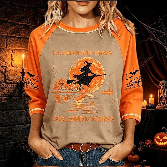 Women's Witch on Flying Broom Halloween Print Crewneck Top