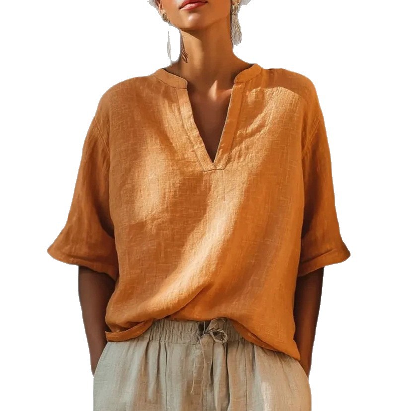 Women's Solid V-Neck Three-Quarter Sleeve Cotton-Linen Top