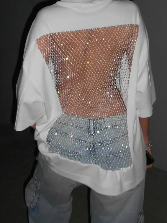 Women's Solid Crewneck Mid-Sleeve Loose Open-Back Mesh Top