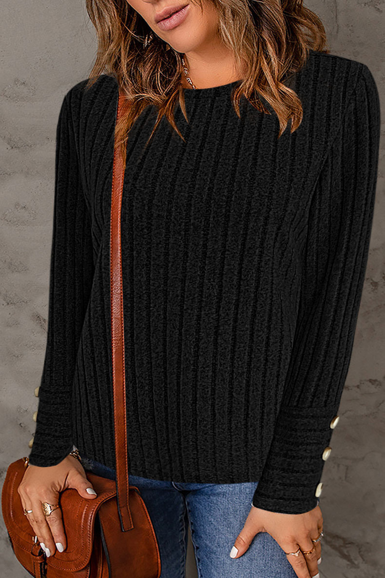 Women's Solid Color Crewneck Long Sleeve Button Top
