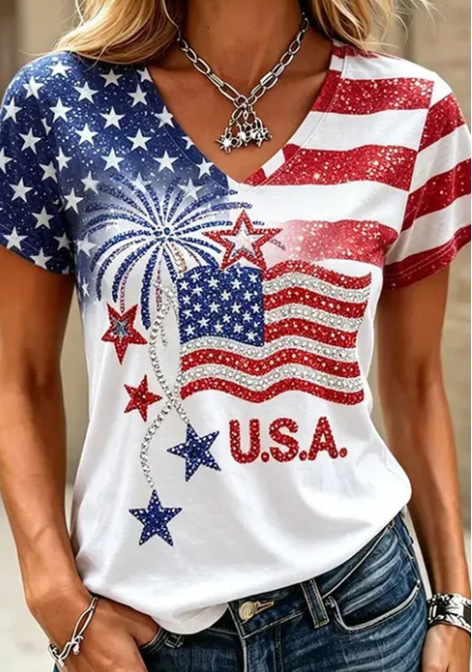 USA Flag 3D Print V-Neck Short Sleeve Women's T-Shirt