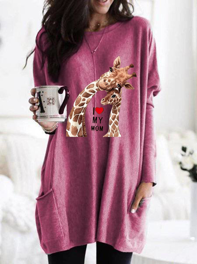 Giraffe Mother Print Long Sleeve Crewneck Loose T-Shirt
