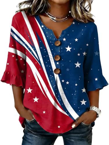 Women's American Floral Flag Print V-Neck Half-Sleeve T-Shirt