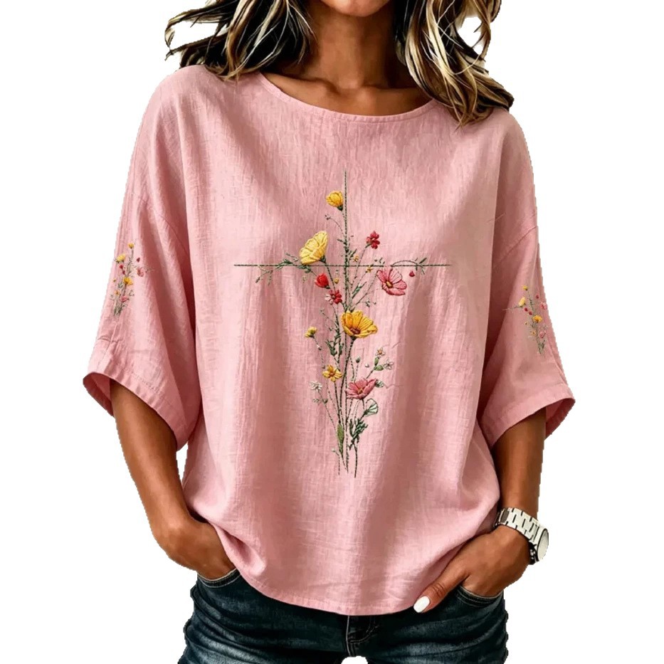 Women's Casual Crewneck 3D Floral Print Mid-Sleeve Top