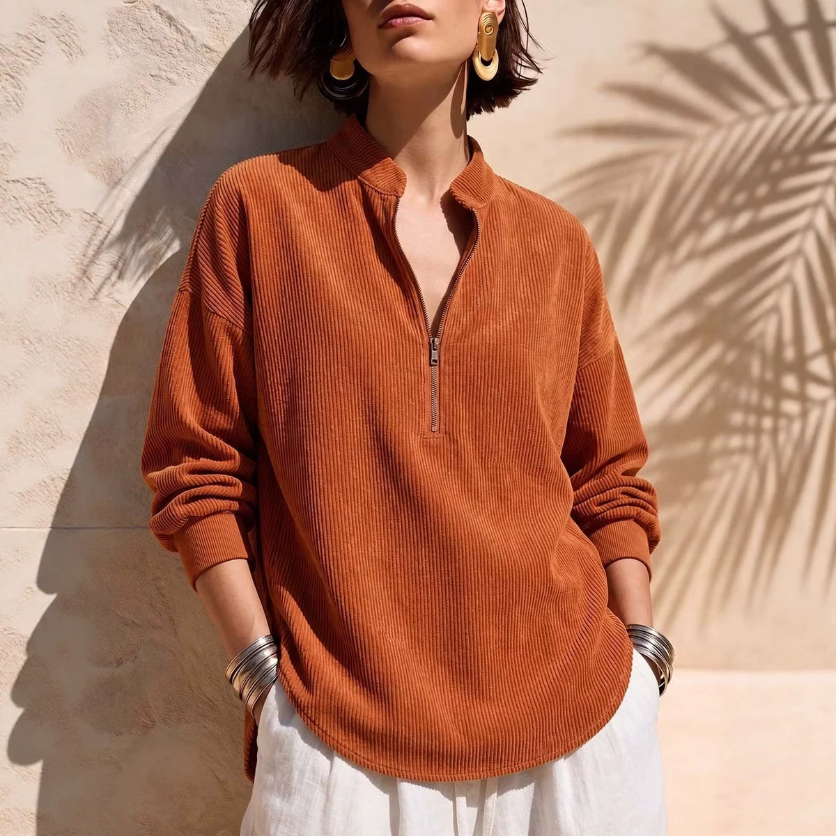 Women's Solid Corduroy Stand Collar Long Sleeve Loose Casual Top