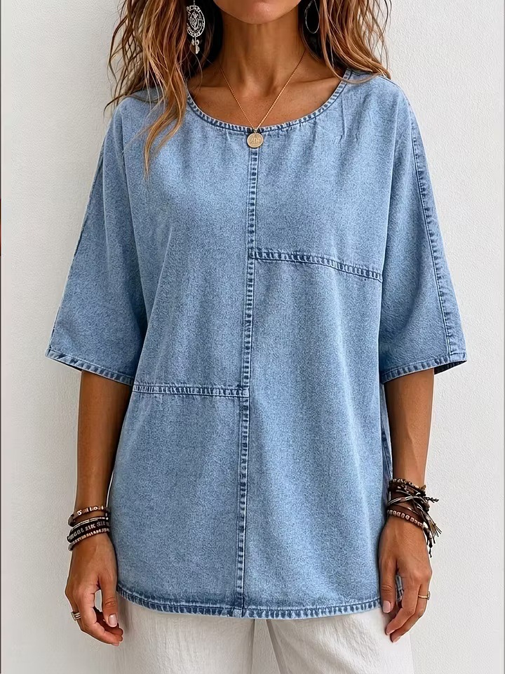 Women's Mid-Sleeve Patchwork Denim Top Casual T-Shirt