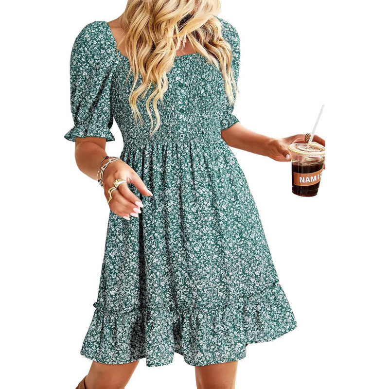 Women's Plus Size Floral Chiffon Dress with Puff Sleeves and Square Neck