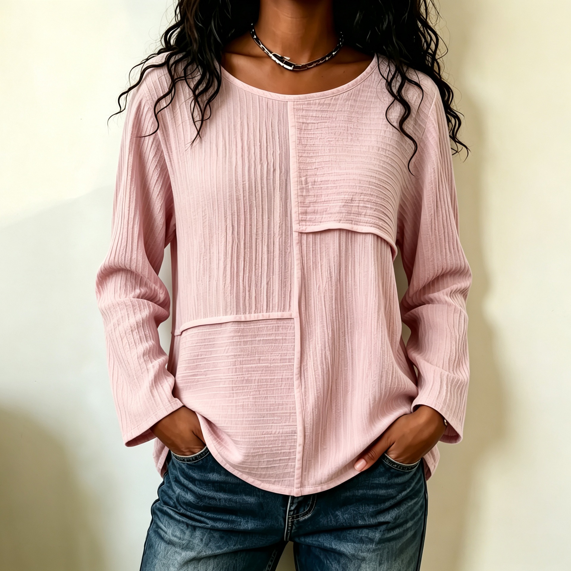 Women's Round Neck Colorblock Long Sleeve Loose Casual Top