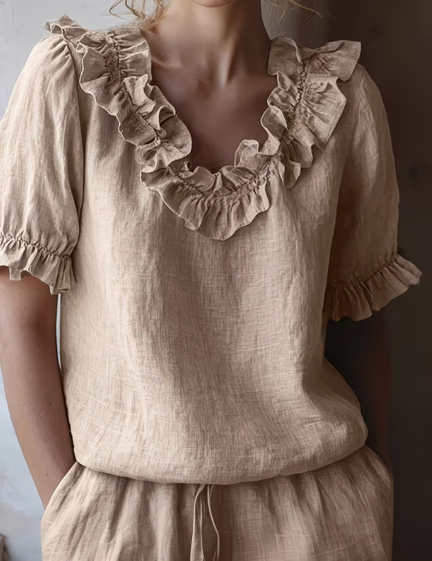 Women's Solid Ruffle Trim Puff Sleeve Knit Top French Elegant Blouse
