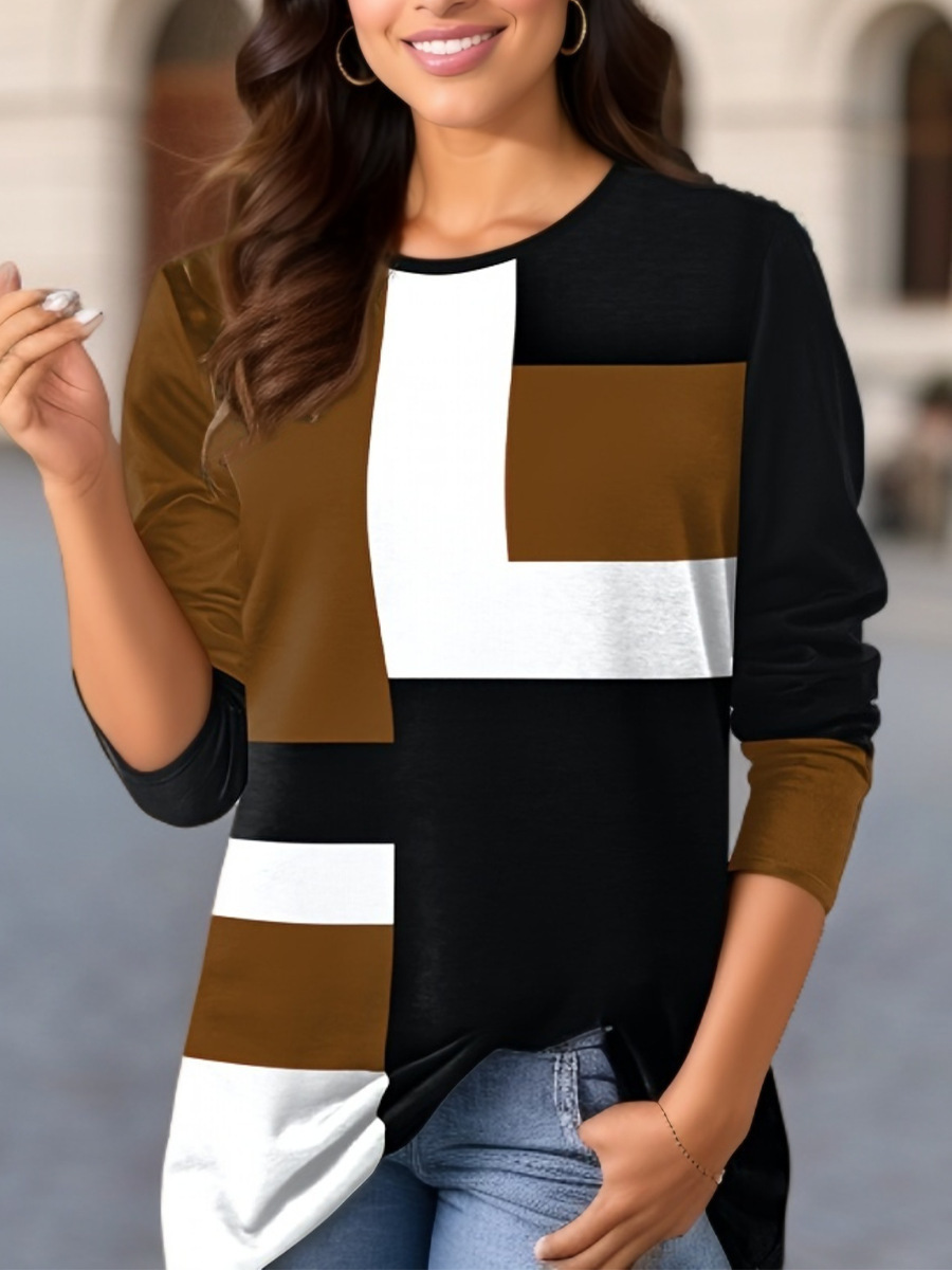 Geometric Color-Block Long-Sleeve T-Shirt
