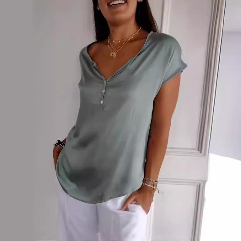 Women's Loose Casual Short Sleeve V-Neck Houndstooth Top