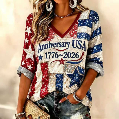 Women's American Flag Firework Print V-Neck Short Sleeve T-Shirt