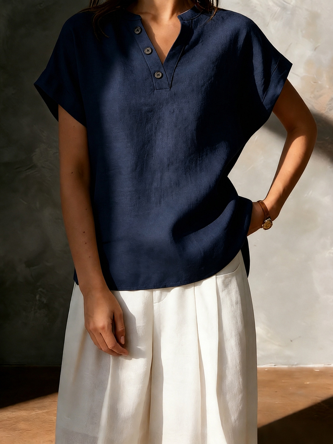 2026 New Cross-Border Women's Fashion Foreign Trade European and American Cotton-Linen High-End Feel Women's V-Neck Button Short-Sleeve Solid Color Shirt