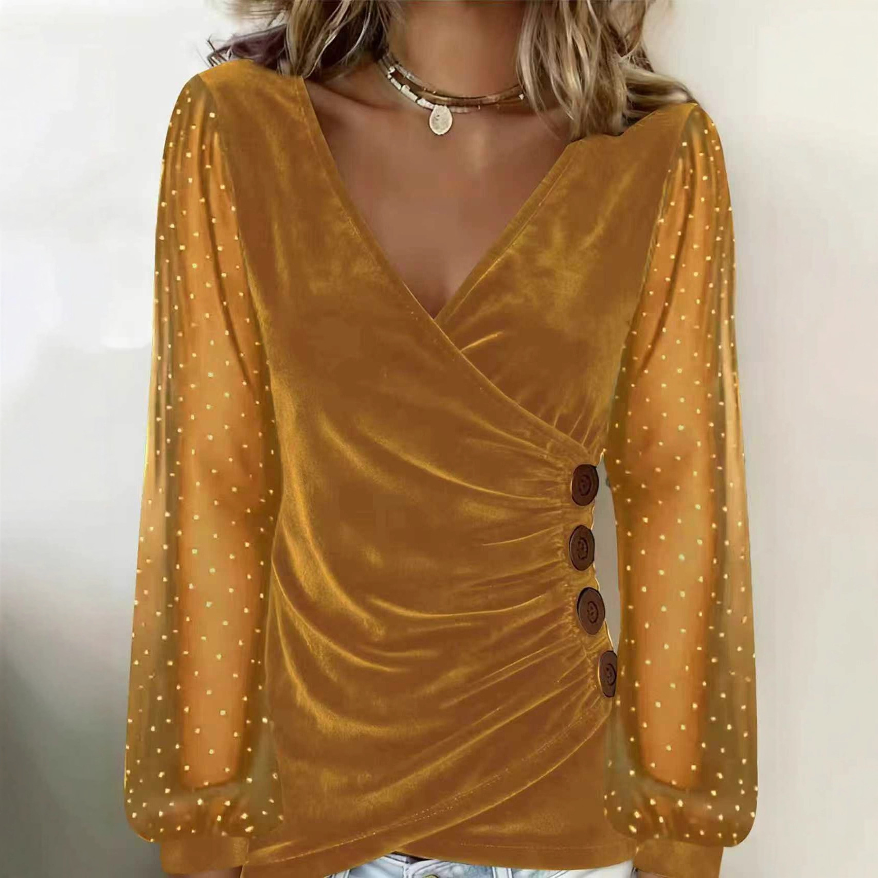 Women's Velvet Long Sleeve T-Shirt with Rhinestone Sleeves V-Neck Slim Fit