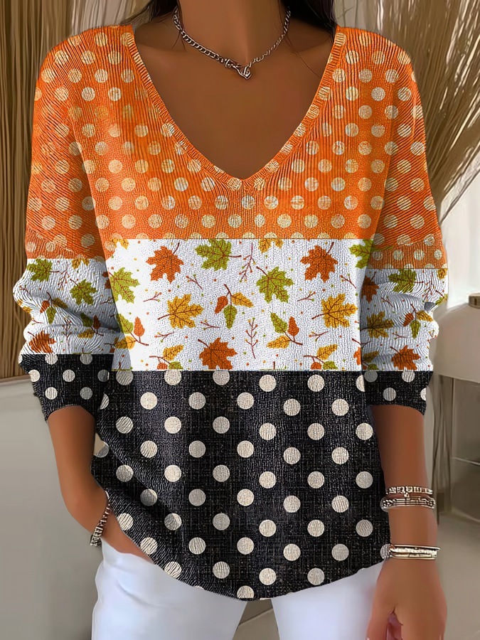 Colorful Leaf Striped V-Neck Long-Sleeve T-Shirt for Women