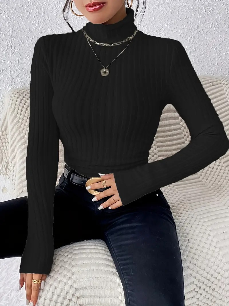 Women's High Neck Ribbed Knit Long Sleeve Top