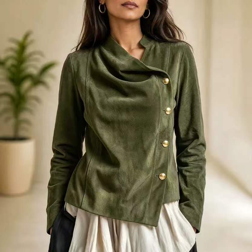 Suede Stand Collar Asymmetric Button Short Jacket