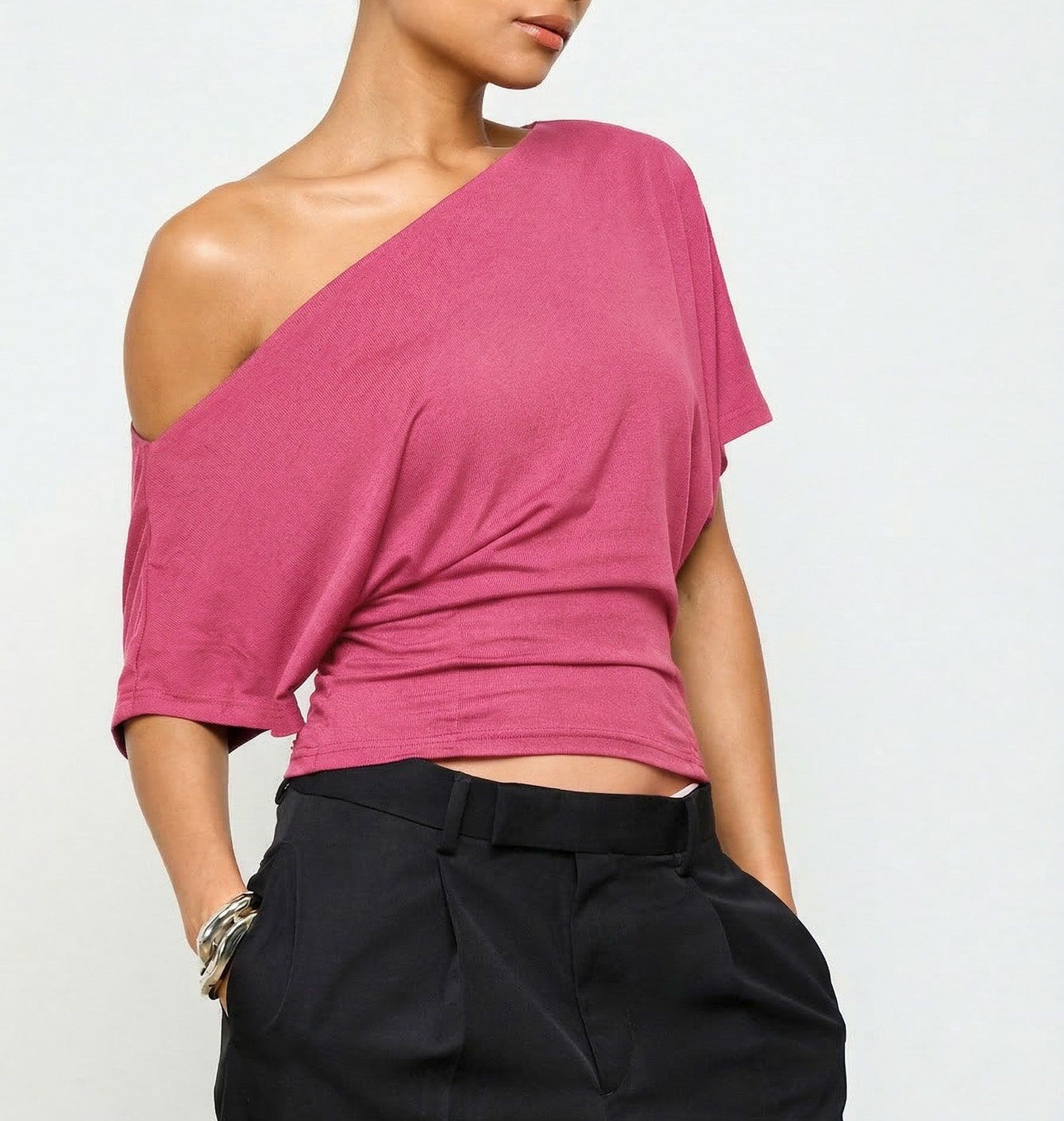 Women's Off-Shoulder Loose T-Shirt with Batwing Sleeves and Cinched Waist