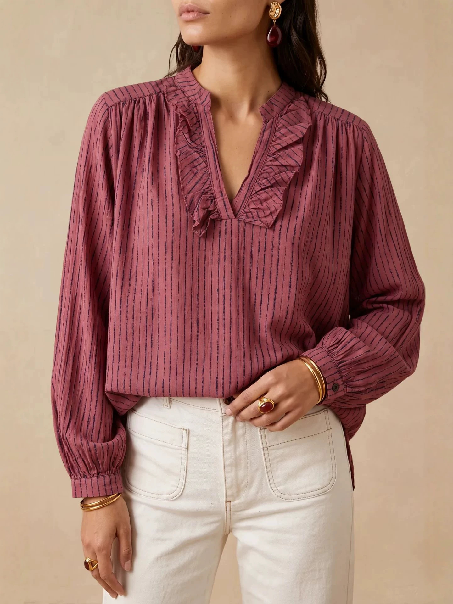Ruffle V-Neck Long Sleeve Striped Women's Shirt