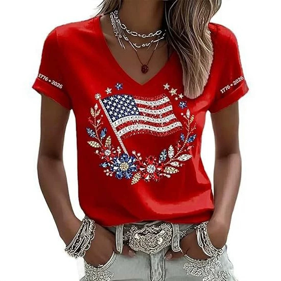 American Flag Print V-Neck Short Sleeve Women's T-Shirt