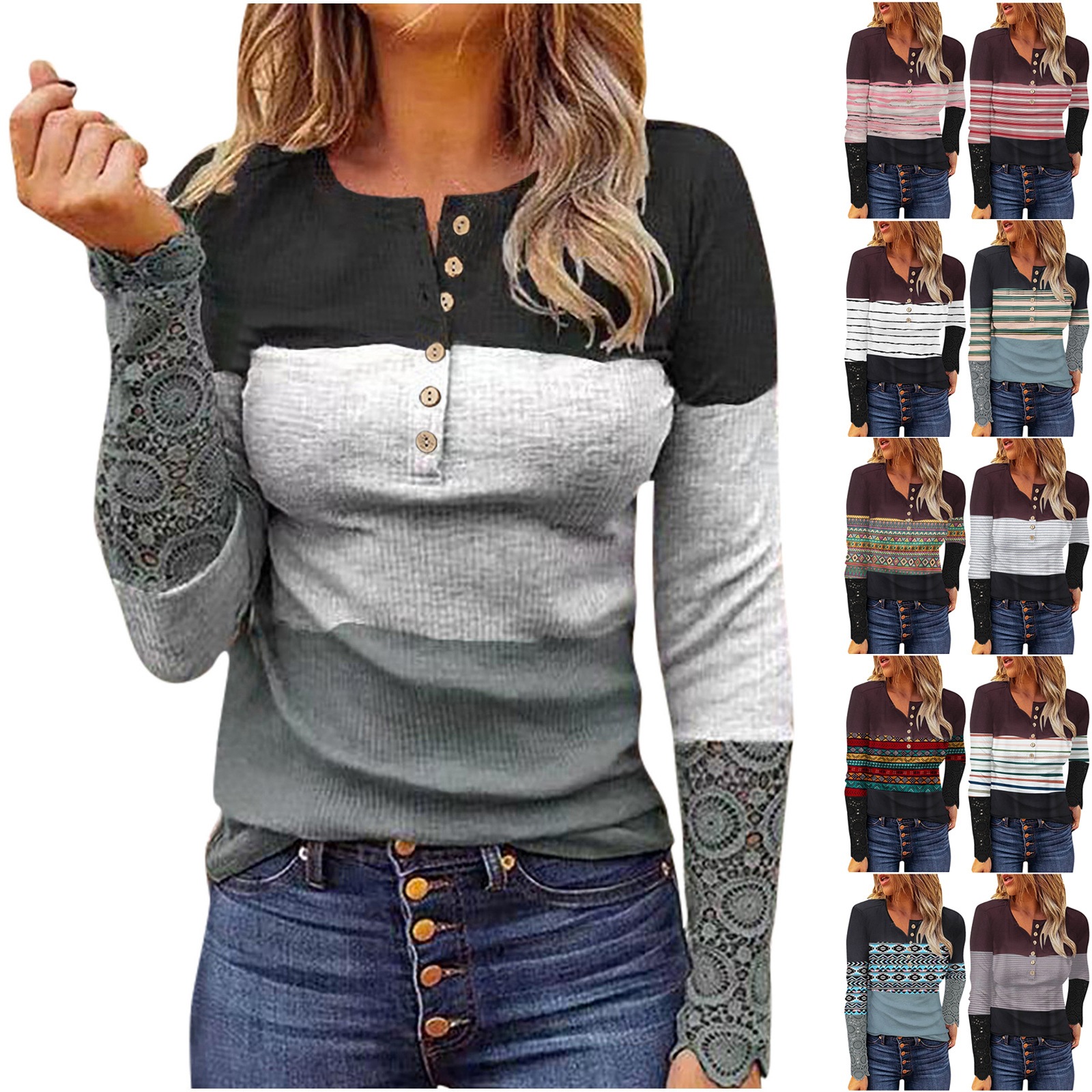 Lace Spliced Long Sleeve Ribbed Slim Fit Button Print Women's T-Shirt
