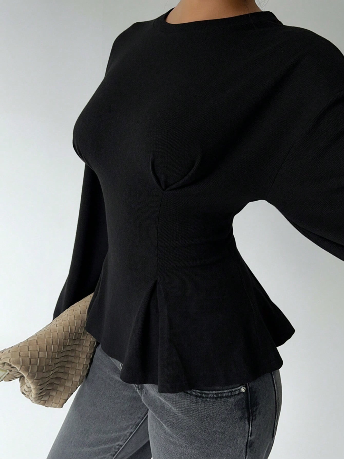 Women's Slim Fit Pleated Long Sleeve Crewneck Pullover Top