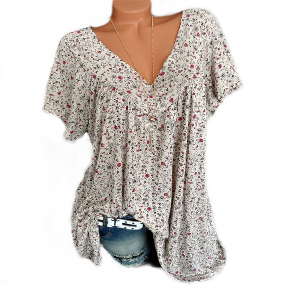 Women's V-Neck Loose Short Sleeve Printed T-Shirt