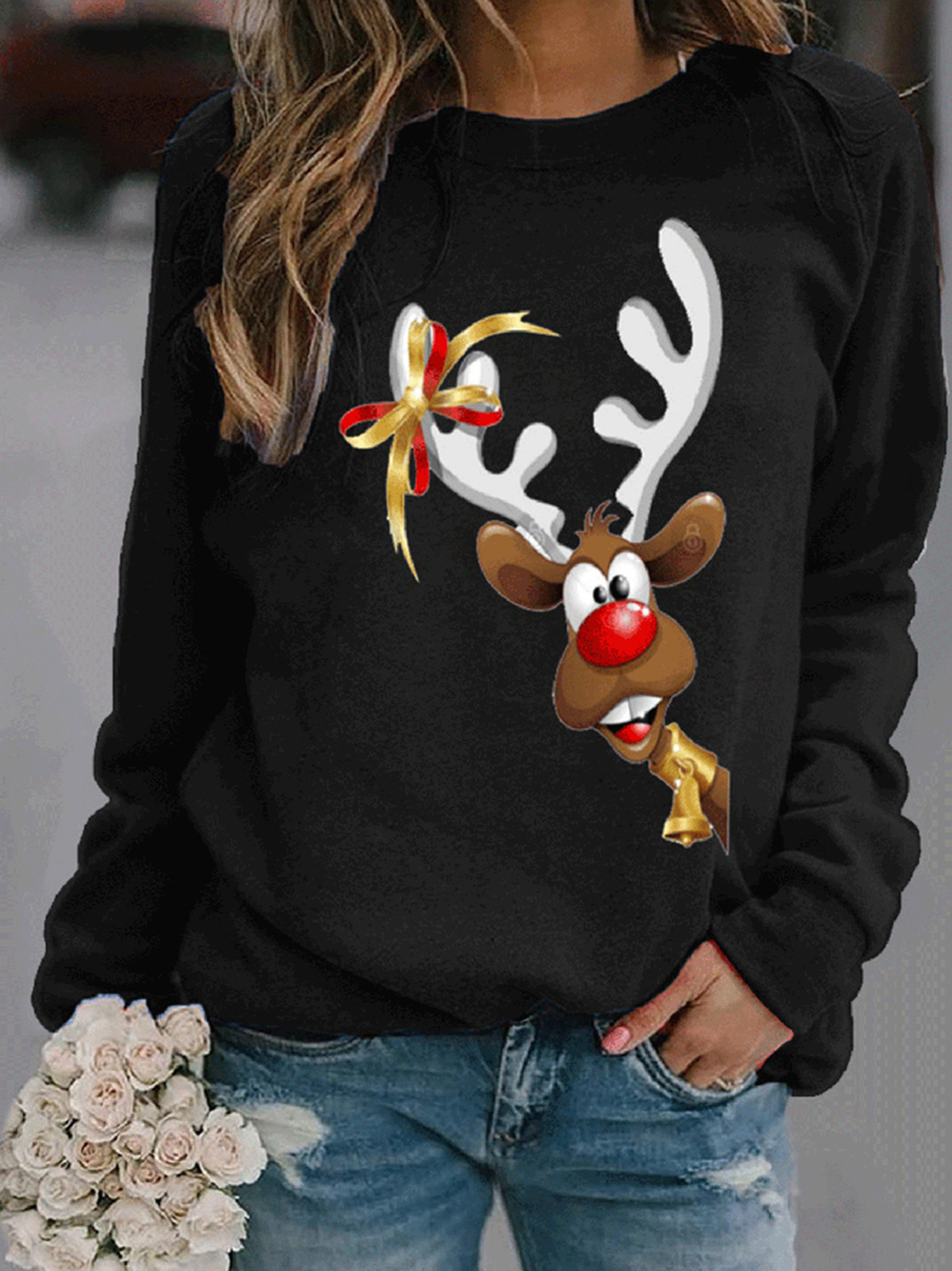 Christmas Deer Print Long-Sleeve Crewneck T-Shirt for Women