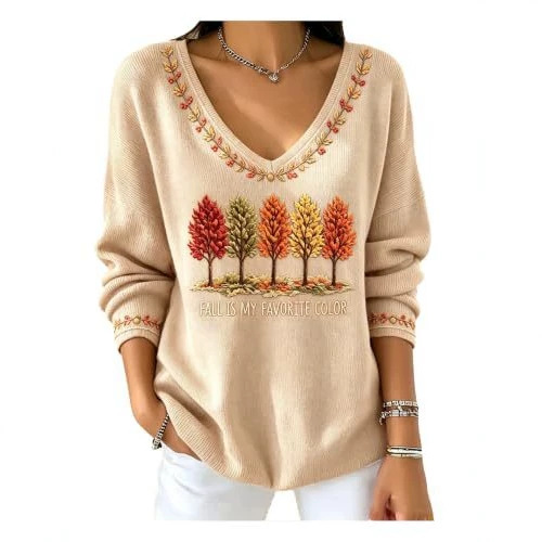 Women's V-Neck Long Sleeve T-Shirt with Tree Maple Leaf Print
