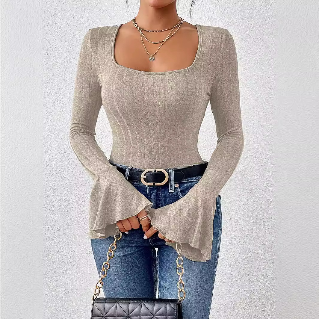 Square Neck Ribbed Knit Slim Fit Flare Sleeve Long Sleeve Top