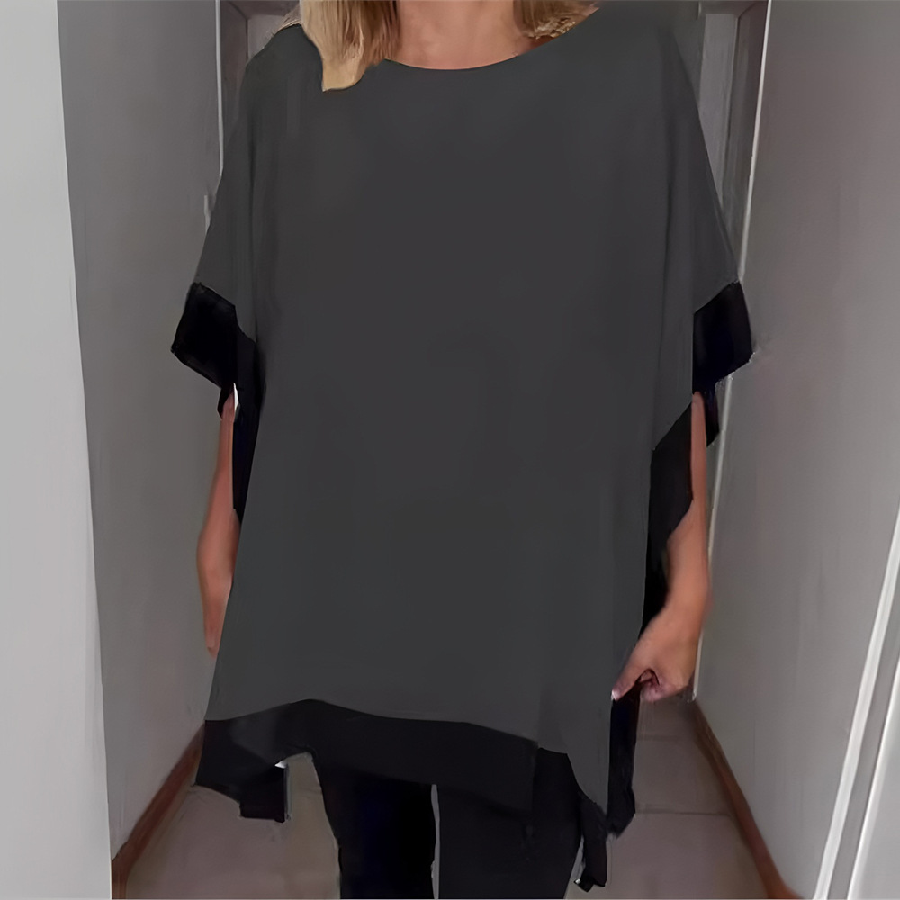 Women's Loose Crewneck Batwing Sleeve Colorblock Top Mercerized T-Shirt