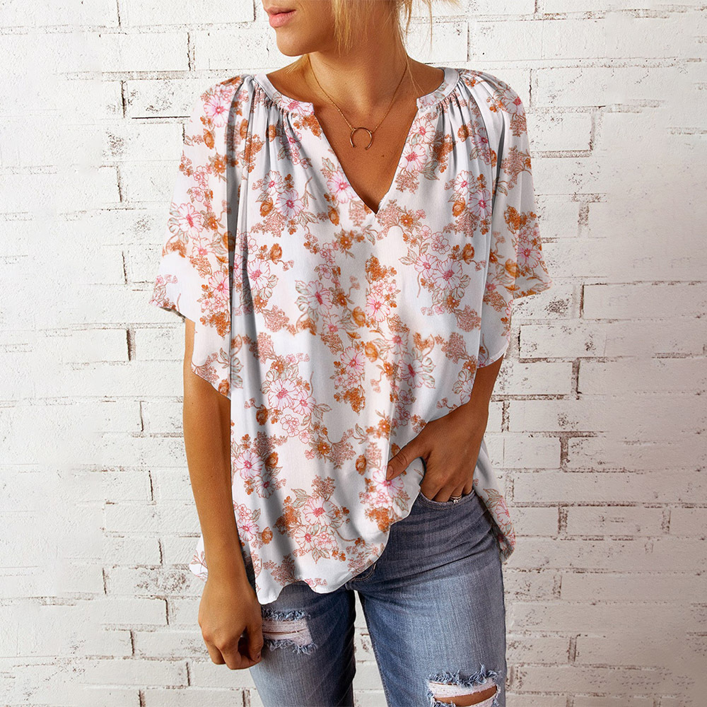 V-Neck Floral Print Short Sleeve Top