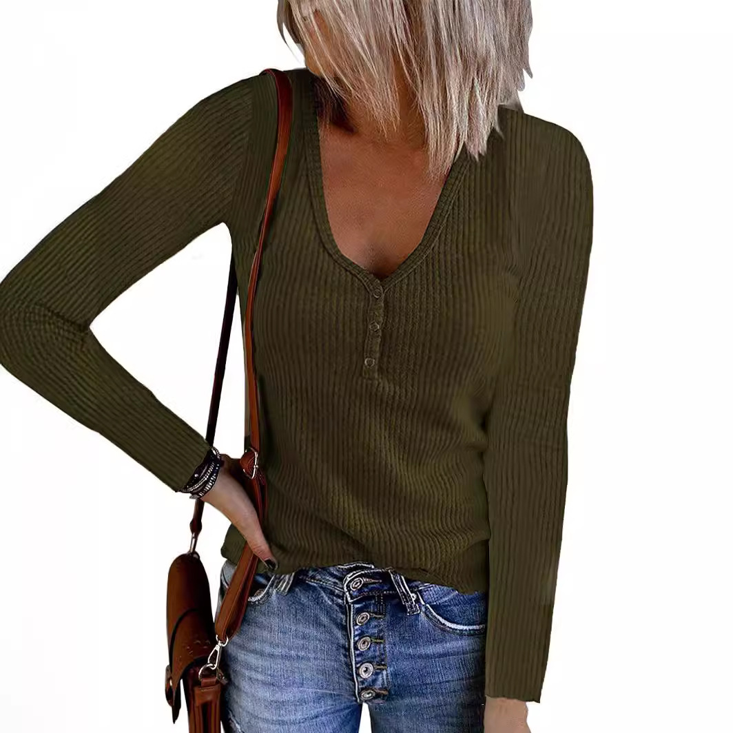 Women's V-Neck Button Long-Sleeve Solid Color T-Shirt