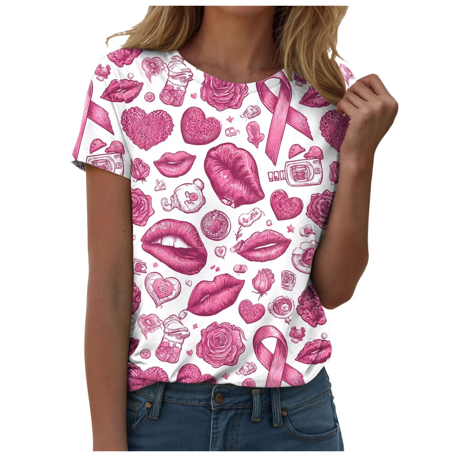 Ribbon Lip Print Heart Crewneck Short Sleeve Top
