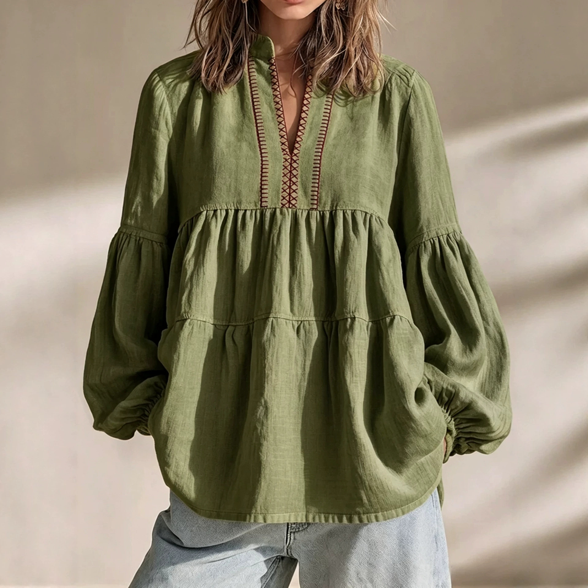 Boho Floral Print Stand Collar Pleated Loose Long Sleeve Top