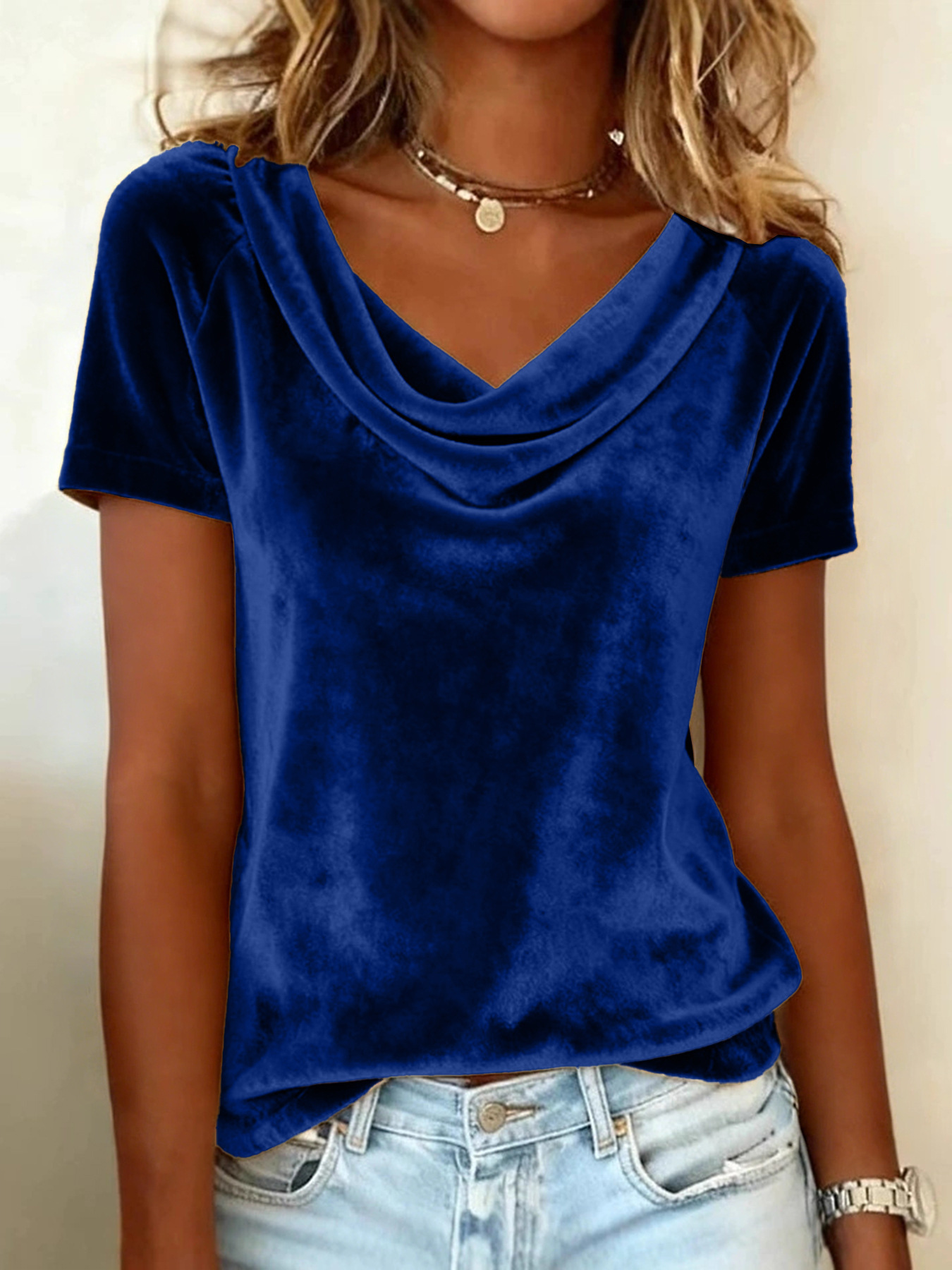 Solid Cowl Neck Short Sleeve Velvet T-Shirt