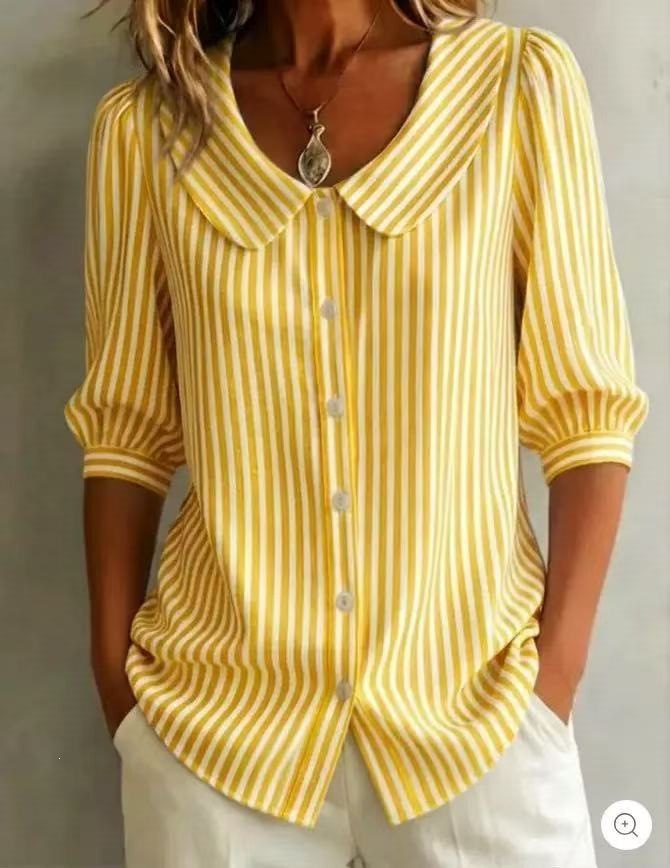 Striped V-Neck Half-Sleeve Blouse Top for Women