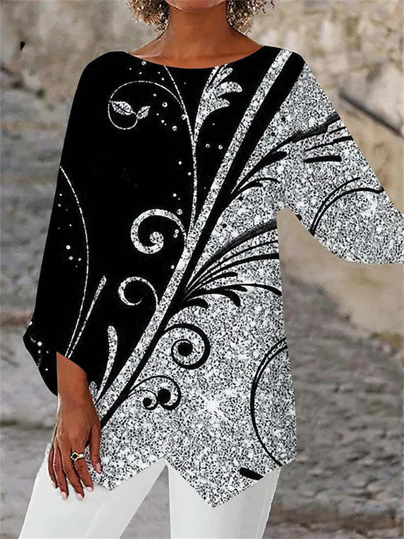 Geometric Floral Print Long Sleeve Patchwork Round Neck Shirt