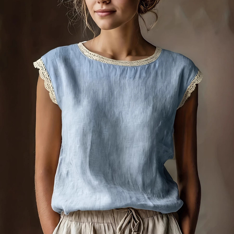 Women's Loose Linen-Blend Round Neck Lace-Trim Sleeveless Shirt