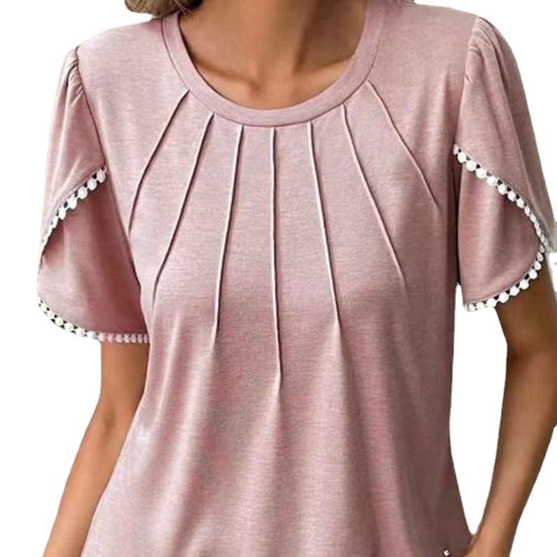 Pleated Short Sleeve T-Shirt with Petal Sleeves and Round Neck