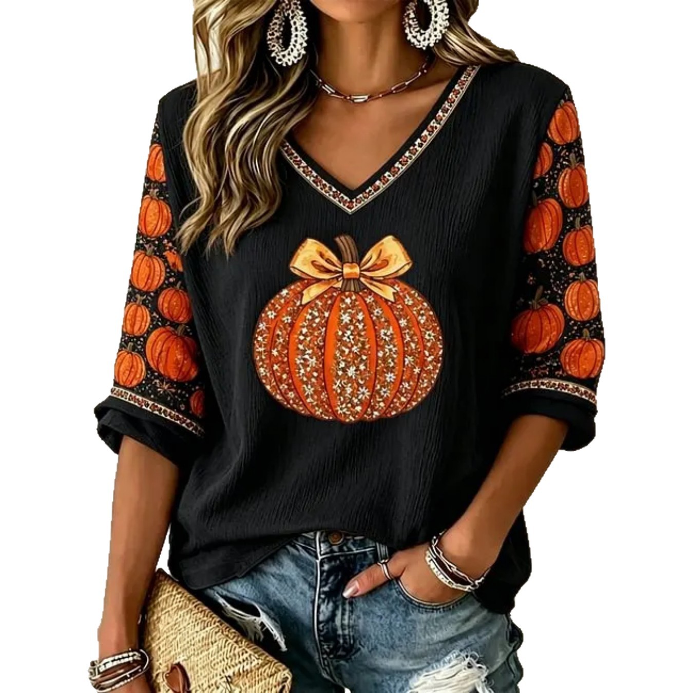 Pumpkin Bow Print V-Neck Half-Sleeve T-Shirt