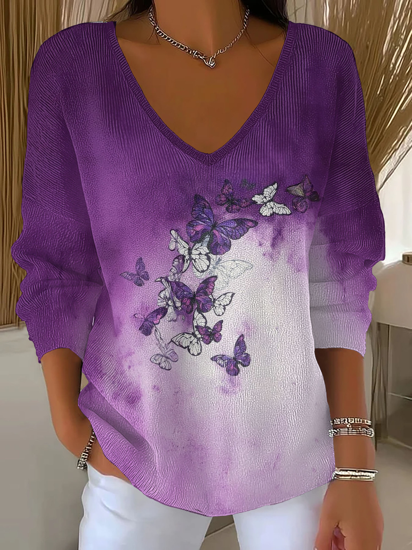 Women's Floral Star Print V-Neck Long-Sleeve T-Shirt