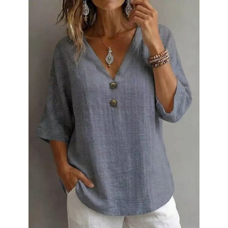 Women's Cotton-Blend French V-Neck Button-Trim 3/4-Sleeve Loose Top