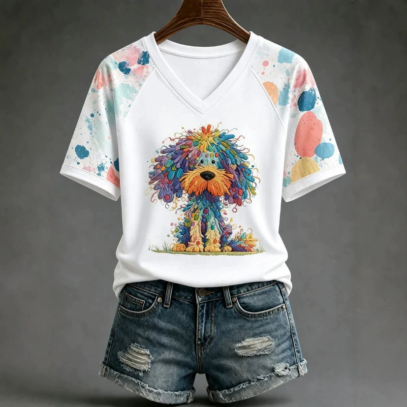 Women's Short Sleeve V-Neck T-Shirt with 3D Dog Print